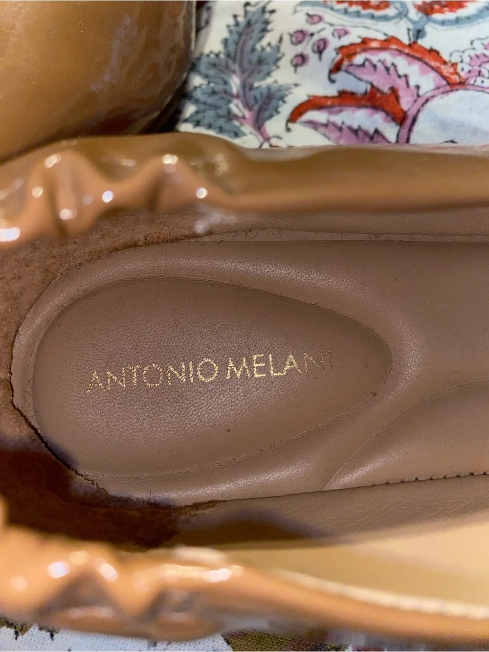 ANTONIO MELANI Patent Tan Square-Toe Ballet Flats
